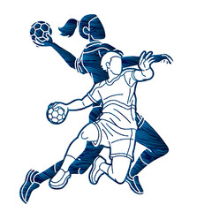 Group of Handball Players Male and Female Action Together Cartoon Sport Team Graphic Vector