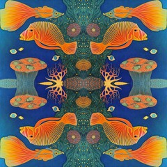 Fototapeta premium Colorful Coral Reefs and Sealifes Seamless Pattern, Fish in the Tropical Sea Wallpaper, Nautical Artwork, Creatures in the Ocean Fabric Print, Aquatic Animals Illustration, Hand Drawn Underwater Scene
