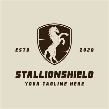 horse jumping on shield emblem logo vector vintage illustration template icon graphic design. stallion wild animal sign or symbol for farm and ranch concept or mascot delivery industry or logistic