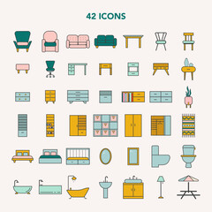 House Furniture icons set. Vector symbols of Home decor, living room, bed room, bath room, outside furniture. Collection of minimal style isolated and colorful illustrations. Perfect for website, app