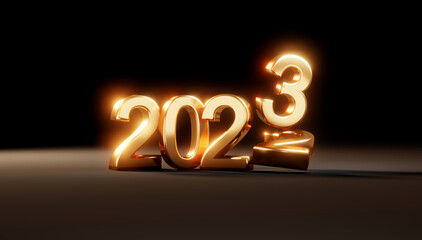 3D Rendering of 2023 replace 2022 number happy new year in gold and black. 3D Render illustration.