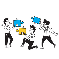 hand drawn doodle people holding jigsaw puzzle illustration symbol for teamwork