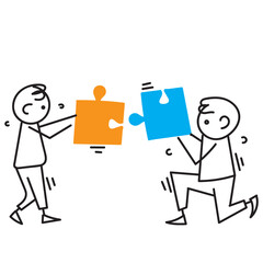 Obraz premium hand drawn doodle people holding jigsaw puzzle illustration symbol for teamwork