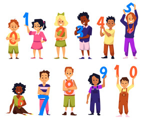 Set of cute little boys and girls holding numbers from zero to ten flat style
