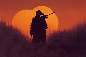 Silhouette of a soldier, a sniper who hides in the bushes