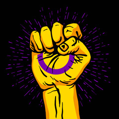 A human hand clenched into a fist. The flag of intersex pride. Circle in hand. A colorful logo of one of the LGBT flags. Sexual identification.