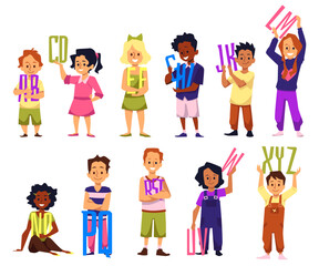 Set of kids with all alphabet letters flat style, vector illustration