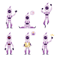 Set of purple mascot robots showing different messages flat style