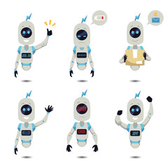 Floating robots set with various emotions and scenes - flat vector illustration isolated on white background.