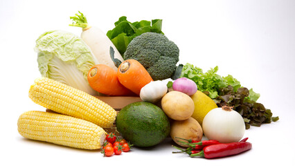 Set of fresh vegetables with salad leaf  Isolated on white background
