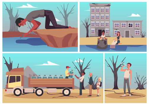 People suffering from thirst and malnutrition due to water scarcity and drought, flat vector illustration.