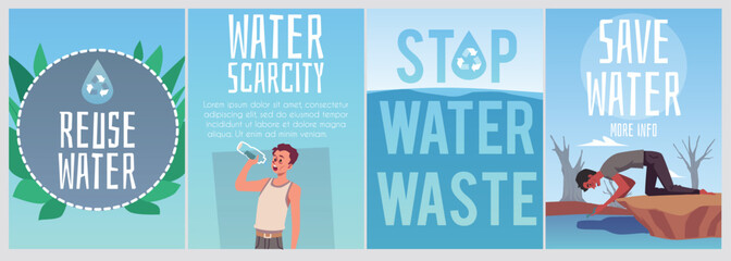 Set of vertical banners about reuse and save water flat style