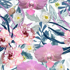 Seamless retro floral pattern with watercolor effect. White, pink flowers, orchids on a light background.