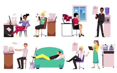 Fototapeta premium Inefficient and procrastinating office employees set, flat vector isolated.