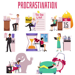 Procrastination infographic with lazy office staff vector illustration isolated.