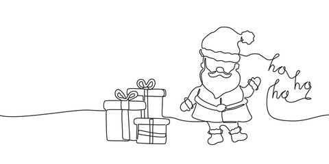 Continuous one line drawing of gift boxes, Santa Claus and ho ho ho. Festive concept in line art style isolated on transparent background. Png illustration