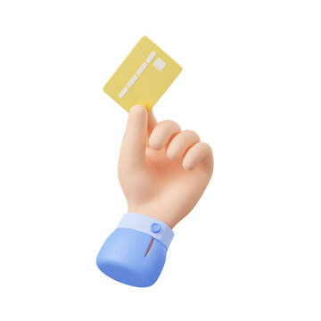 3d render hand holding gold credit card. Money, financial wealth, online shopping, cashless payment service. Business concept with palm and plastic card, isolated Illustration in cartoon plastic style