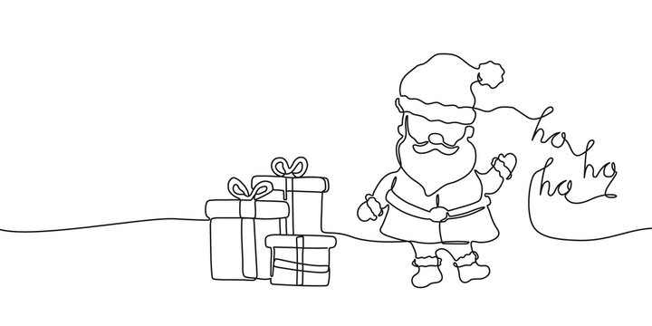 recommend clip art: Continuous one line drawing of gift boxes, Santa Claus and ho ho ho. Festive concept in line art style isolated on transparent background. Png illustration
