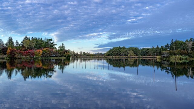 長野県・茅野市 秋の朝の蓼科湖の風景
