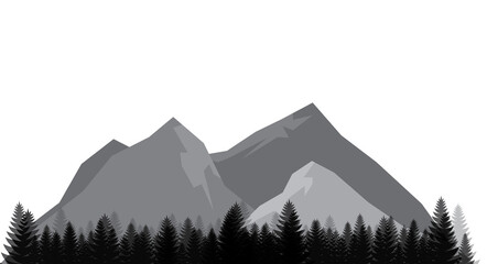 Abstract illustration of mountains and forest silhouette landscape with transparency background.
