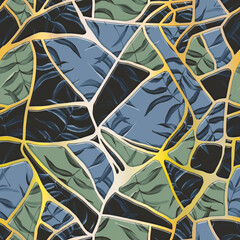 Kintsugi. Seamless pattern. Floral art with metal cracks. Abstract print design
