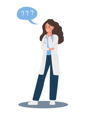 Female doctor in doubt. Thinking woman in uniform with question mark. Searching for trouble solution. Vector illustration in flat cartoon style.
