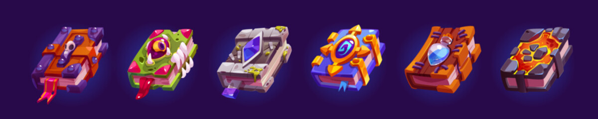Magic spell books, fantasy alchemy grimoires with bizarre covers crystal, bird skull, monster eyeball, teeth or tongue, potion bottle and lava. Closed wizard diary, Cartoon Vector illustration, set