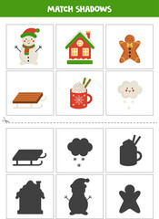 Find shadows of Christmas elements. Cards for kids.