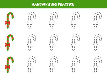 Tracing lines for kids with Christmas candy canes. Writing practice.