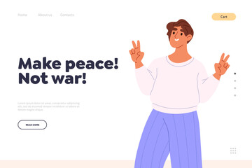 Make peace not war concept of landing page with young man showing peace fingers sign