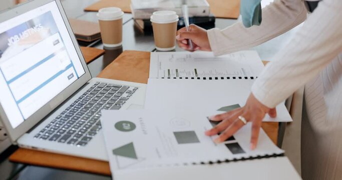 Planning, marketing and business hands with documents for finance report, seo analytics and financial accounting. Woman with laptop, strategy and plan profit, budget and writing with idea planner