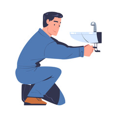 Man Plumber Sitting and Fixing Pipe Under Sink Vector Illustration