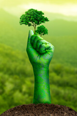 Clenched fist hand, raised fist - symbol of victory, Stranglehold by nature and trees, Environment earth day,Concept Save the world, save environment, Forest conservation concept, Protecting nature.