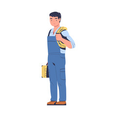 Electrician in Blue Uniform Standing with Rolled Wire and Toolbox for Working and Fixing Vector Illustration