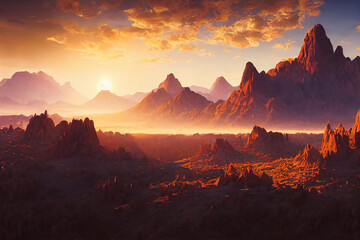 Naklejka premium desert background, rocky terrain, landscape, concept art, digital illustration