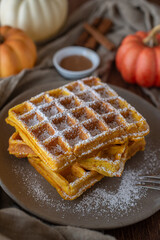 autumn breakfast with pumpkin waffles on table