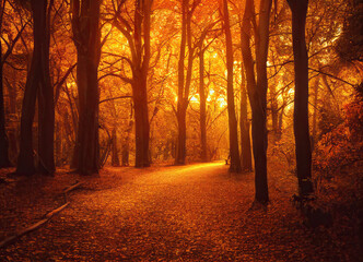 Path in woods covered in autumn leaves with beautiful sunset, Generative AI Art