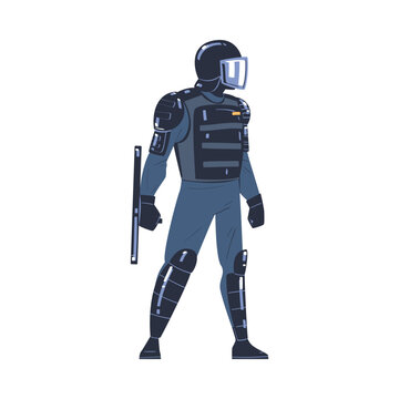 Riot Police Officer and Squad Member in Uniform and Helmet with Baton in Standing Pose Vector Illustration