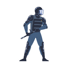 Riot Police Officer and Squad Member in Uniform and Helmet with Baton in Standing Pose Vector Illustration