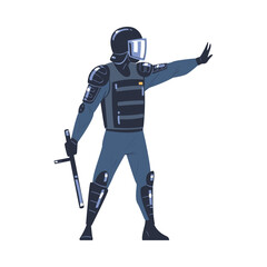 Riot Police Officer and Squad Member in Uniform and Helmet with Baton Showing Stop Gesture Vector Illustration