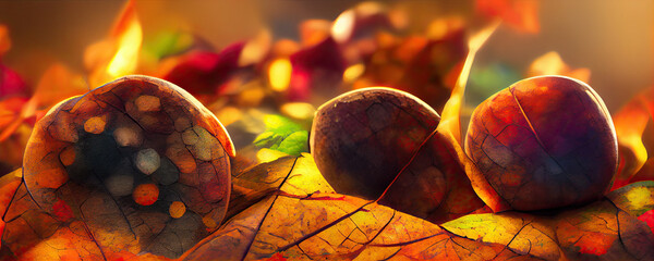 bokeh closeup of fall leaves, abstract Generative AI Art illustration