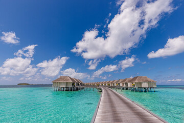 Amazing beach landscape. Beautiful Maldives lagoon bay seascape view. Horizon sunny sea sky clouds,...