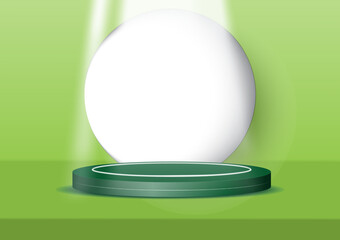 Dark green podium with white stripes on a light green background with white circles with black shadows illuminated from above, giving the product a distinctive look.