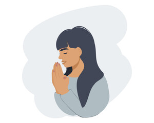 A young woman is praying. Flat vector illustration