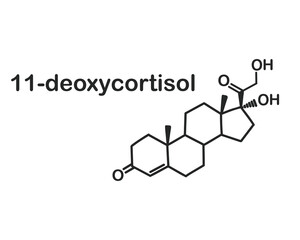 Structural chemical formula of 11-deoxycortisol isolated on white background.