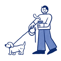 Man walking dog hand drawn illustration in cartoon design