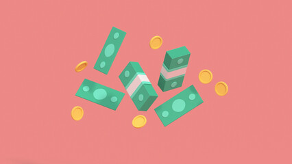 Floating cash minimal cartoon style 3D render illustration