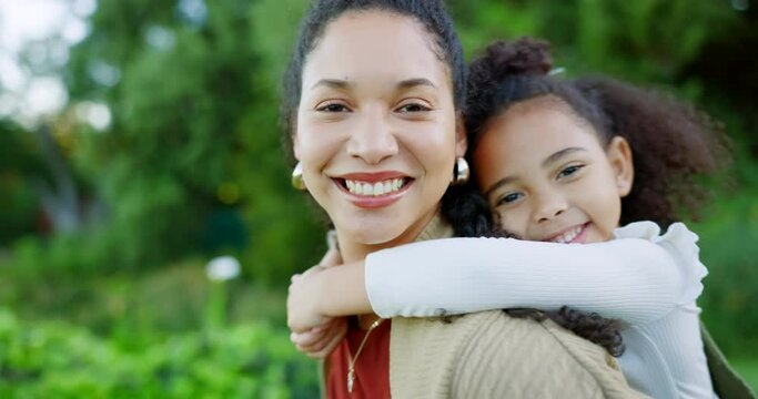 Piggy Back, Mother And Girl Being Happy, Outdoor And Bonding, Embrace And Smile Together For Quality Time. Portrait, Love And Black Mama With Child Hug, Happiness Or Fun On Adventure, Playing Or Joy