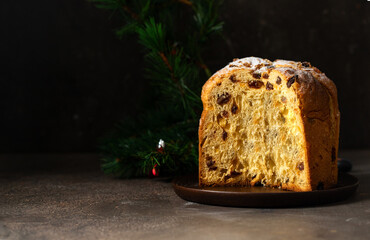 Panettone texture , Italian sweet bread with candied fruits and consumed at Christmas time.Close up