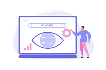 Lsi keyword research and seo optimization. Web analysis and seo  concept. Tiny man analyzing SERPs with gear, eye, chart. Vector flat illustration for landing page, banner, site
